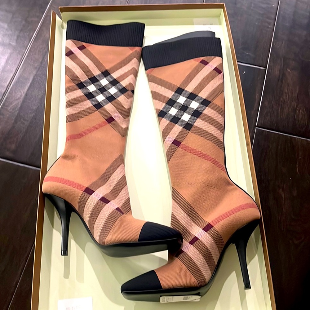 Brand New “Never Worm” Dolman Check Tall Stiletto Burberry Boots.  Size 6.5